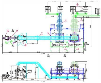 Plan and elevation drawings of the chocolate bar dosing system