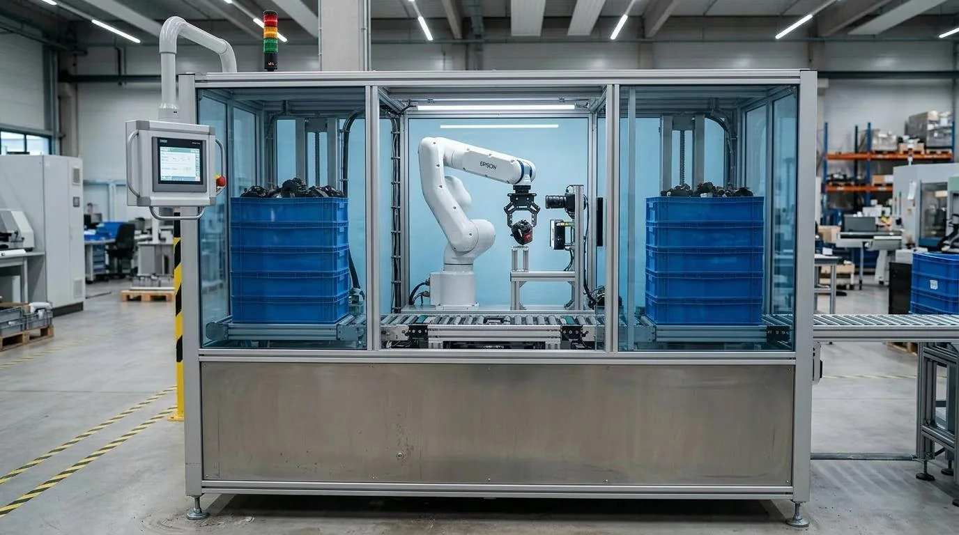 Enclosed inspection equipment with an industrial robot, blue crates and control panel