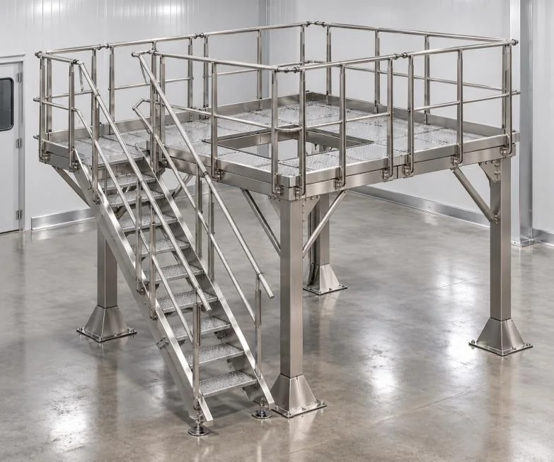 Stainless-steel platform with stairs, handrails and mounting opening